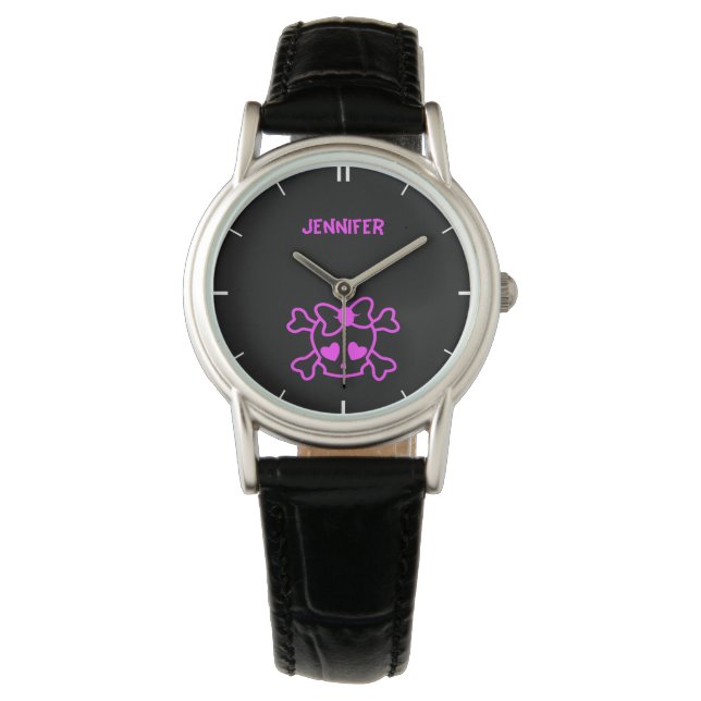 Montre Crâne rose girly emo avec arc nom ado filles (devant)