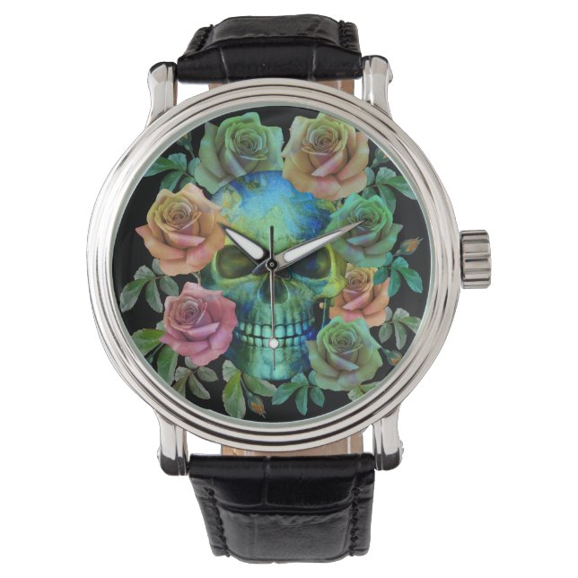 MONTRE CRÂNE VERT DE LA MORT AVEC FLEURS (devant)
