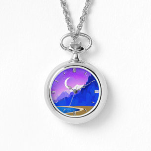 Montre Crescent Moon, Lac & Montagnes en Violet & Bleu