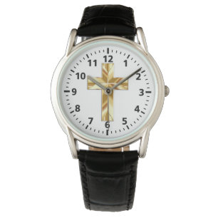 Montre croisée de cuir de noir de protecteur d'or