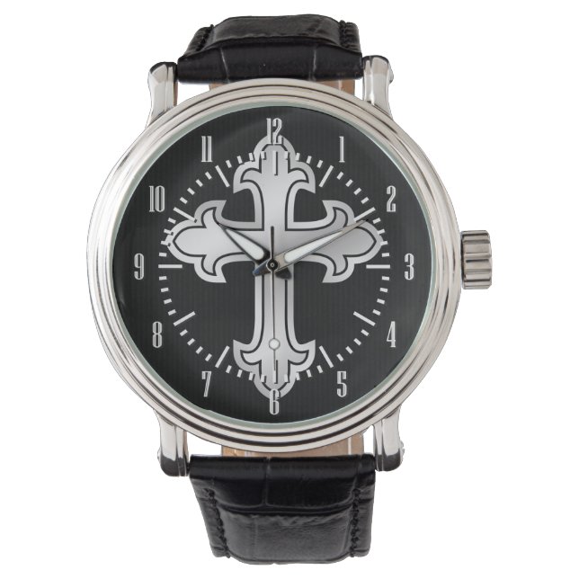 Montre Croix-chrétienne Argent fleuri sur noir (devant)