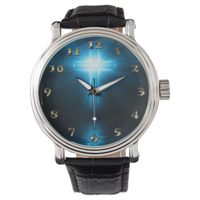 Montre Croix chrétienne en lumière bleue (devant)