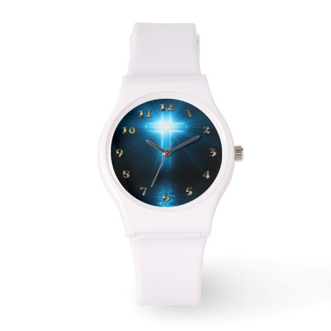 Montre Croix chrétienne en lumière bleue (Recto)