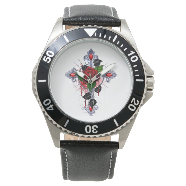 Montre Croix d'argent avec une rose rouge (devant)