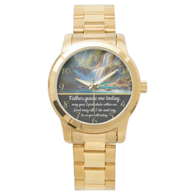 Montre Croix de foi chrétienne en or avec Père, guide-moi (devant)
