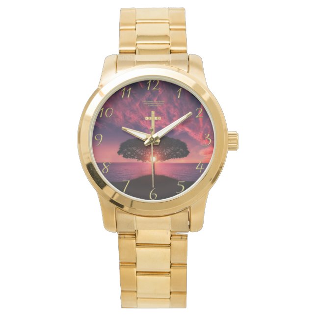 Montre Croix de foi chrétienne en or avec une phrase drôl (devant)