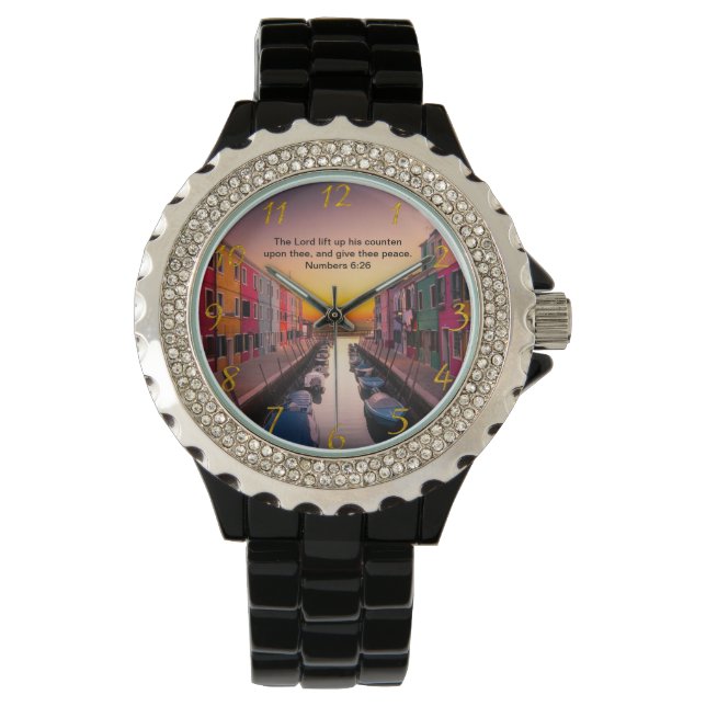 Montre Croix de foi chrétienne noire avec chiffres 6:26 (devant)