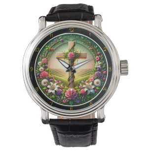 Montre Croix de jardin horloge florale de bienvenue