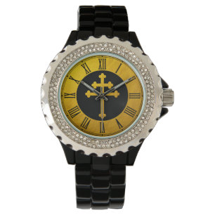 Montre Croix de Lorraine d'or sur Noir / Chrétien d'or