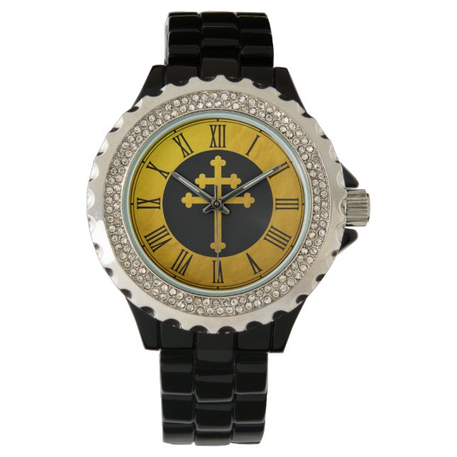Montre Croix de Lorraine d'or sur Noir / Chrétien d'or (devant)