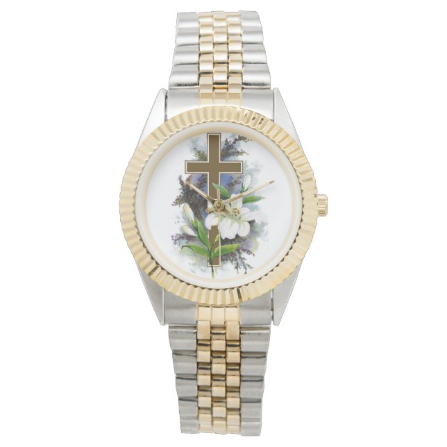 Montre Croix d'or avec fleurs blanches (devant)