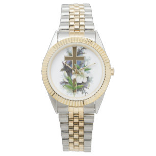 Montre Croix d'or avec la fleur blanche