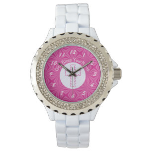 Montre Croix rose en zig zag sur fond blanc et rose vif