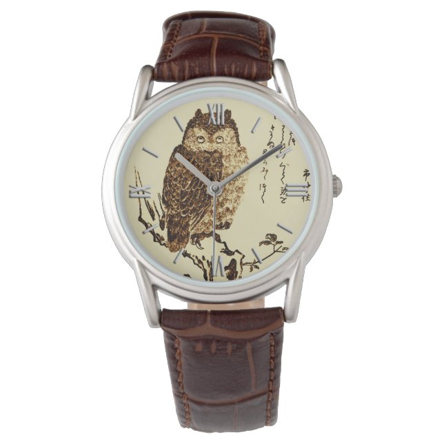 Montre Croquis d'encre japonaise vintage d'un hibou (devant)