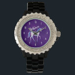 Montre Croyez avec Unicorn dans les aquarelles pastel<br><div class="desc">Une montre pour femmes avec une jolie licorne aquarelle peinte dans des aquarelles pastel douces de rose,  violet et bleu. Texte de typographie inspirationnel dit Croyez en une police tendance avec une étoile au-dessus de la lettre i. Placé sur un arrière - plan royal violet.</div>