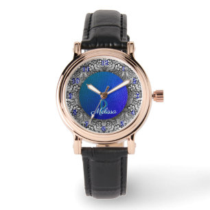 Montre Cuir bleu et dentelle noire élégant monogrammé