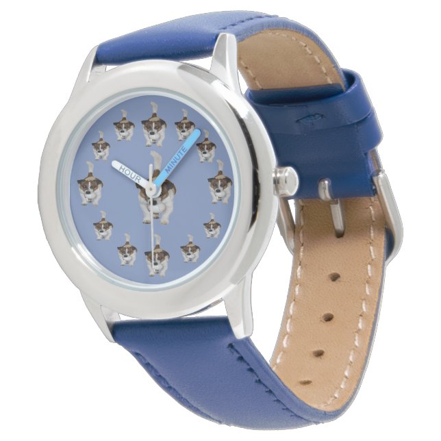 Montre Cuir Bleu, Motif Terrier Fox Enfants, Montre, (Incliné)