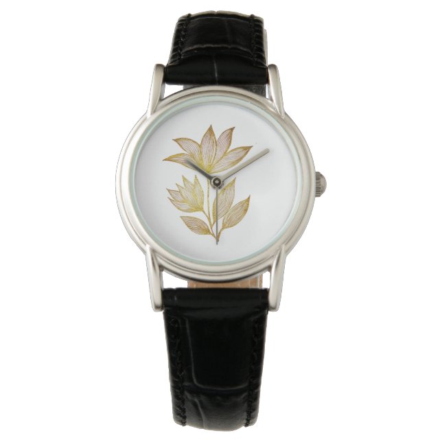 Montre Cuir Floral Doré Élégant (devant)