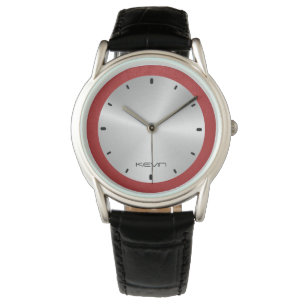 Montre Cuir rouge et acier inoxydable métallique