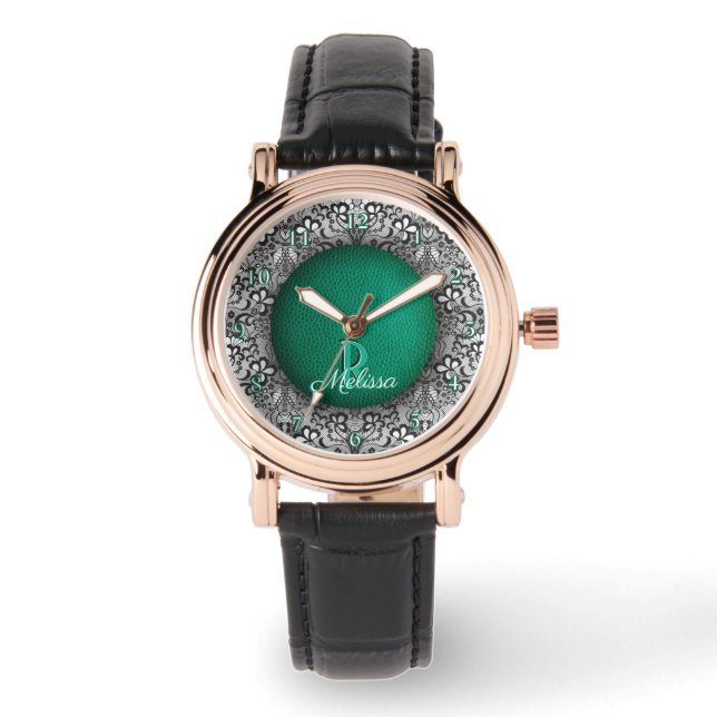 Montre Cuir vert et dentelle noire élégant monogramme (Recto)