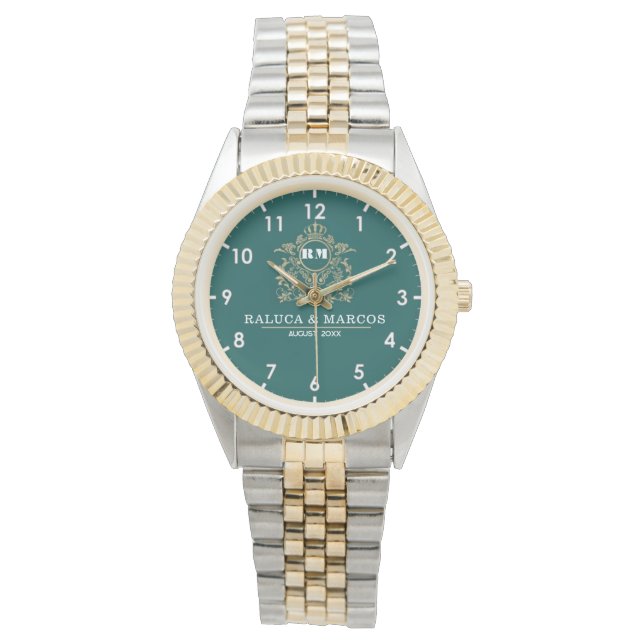 Montre Custom couple floral names monogram  green (devant)
