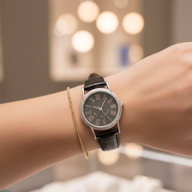 Montre Custom Just Married Watch Gift for Husband or Wife (Black Leather Couple Gift – Personalized Bachelorette, Wedding or Engagement Present)