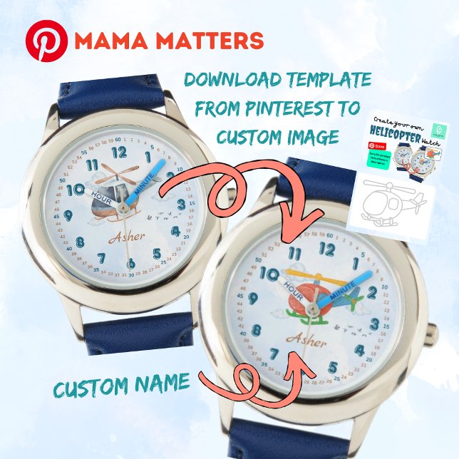 Montre Custom Name & Image Blue Helicopter Kids (Créateur téléchargé)