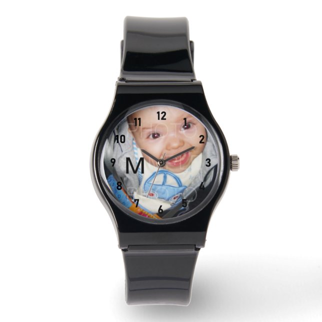 Montre Customisez-le Votre photo monogramme chiffres noir (Recto)