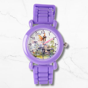 Montre Cute aquarelle Bois Fée Papillon Floral