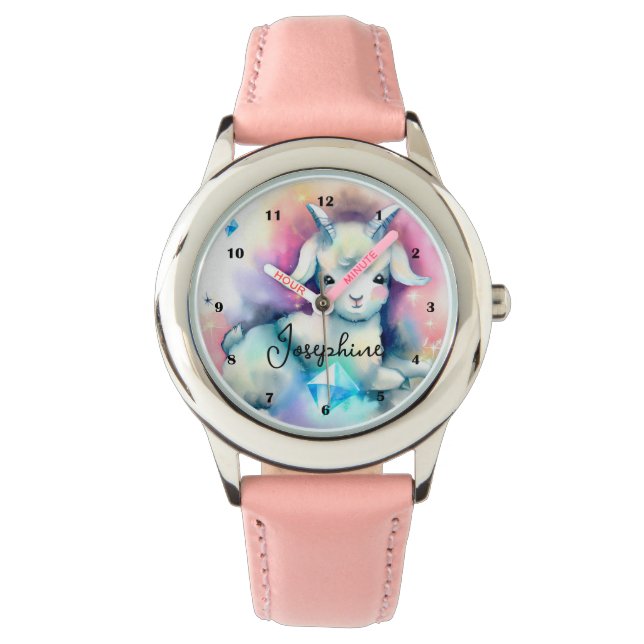 Montre Cute Baby Chèvre Diamonds Arc-en-ciel Aquarelle Ar (devant)