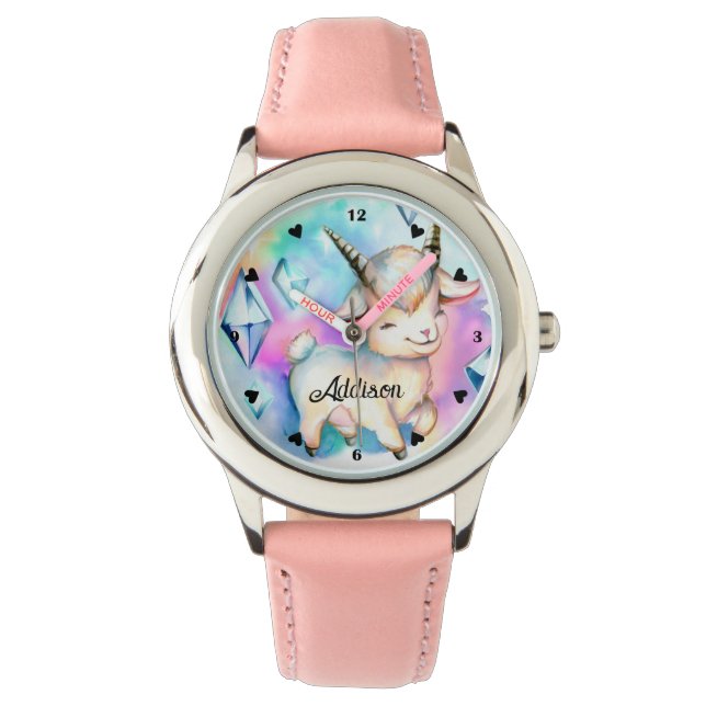 Montre Cute Baby Chèvre et Diamonds Aquarelle arc-en-ciel (devant)