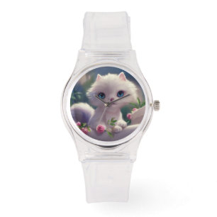 MONTRE CUTE BLANC CHAT KITTEN ROSE WRIST WATT