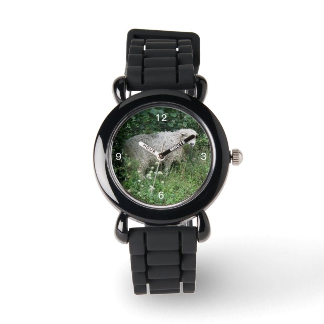 Montre Cute Blanc Fluffy Sheep Manger Parties scintillant (Recto)