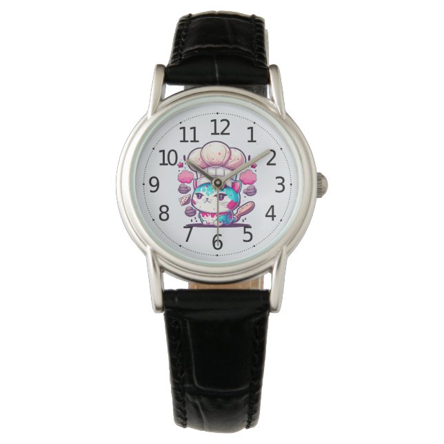 Montre Cute boulangère Chef Chat Kitten avec pain | (devant)