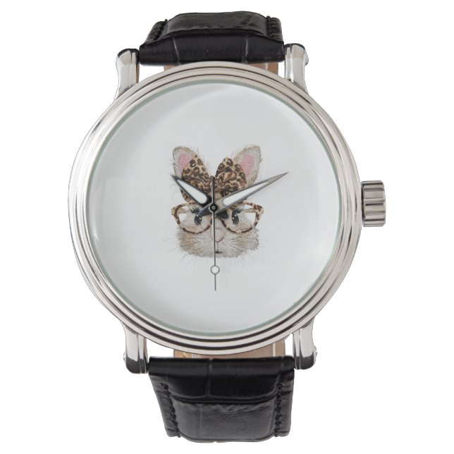 Montre Cute Bunny Rabbit Face Leopard Coquette Bow Glasse (devant)