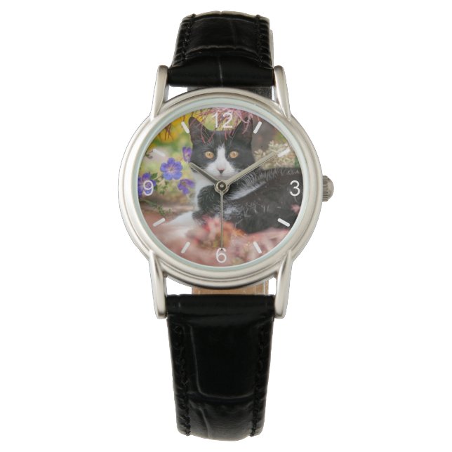 Montre Cute chat noir blanc reposant sous un érablière - (devant)