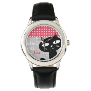 Montre Cute Chat Noir Pois Rose Ajouter Votre Nom