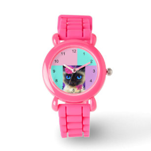 Montre Cute Chat Siamese Parties scintillant rose poignet