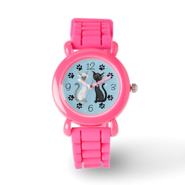 Montre Cute Chats Noirs et Blancs avec Empreintes de patt (Recto)