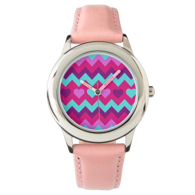 Montre Cute Chevron Coeurs rose Turquoise Ado Cadeaux (devant)