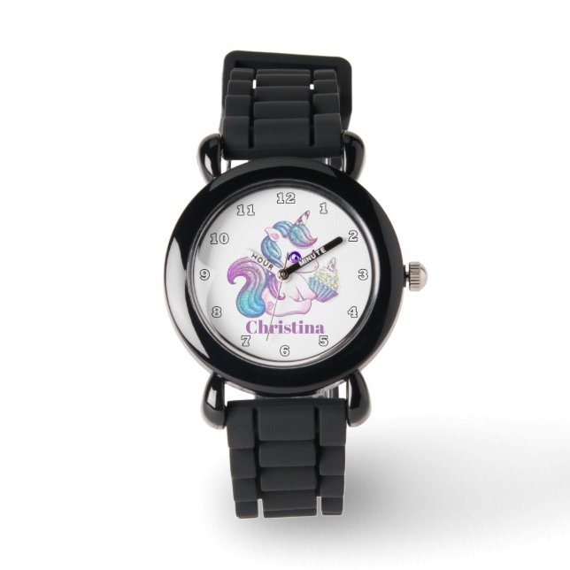 Montre Cute cupcake licorne filles regarder ajouter nom (Recto)