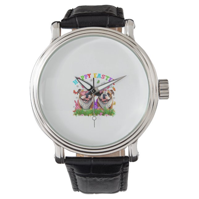 Montre Cute English Bulldog Dog & Bunny Ears Eggs Happy E (devant)