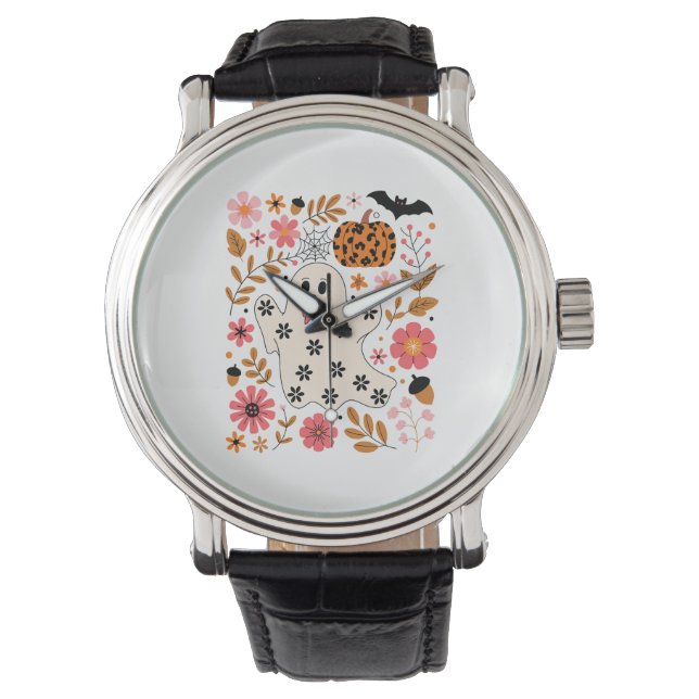 Montre Cute Fantôme et Citrouille Floral Éffrayant (devant)