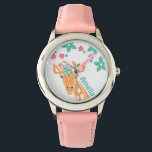 Montre Cute Giraffe avec Flower Crown Personalised<br><div class="desc">Adorable girafe aux fleurs roses et bleues, option pour personnaliser.</div>