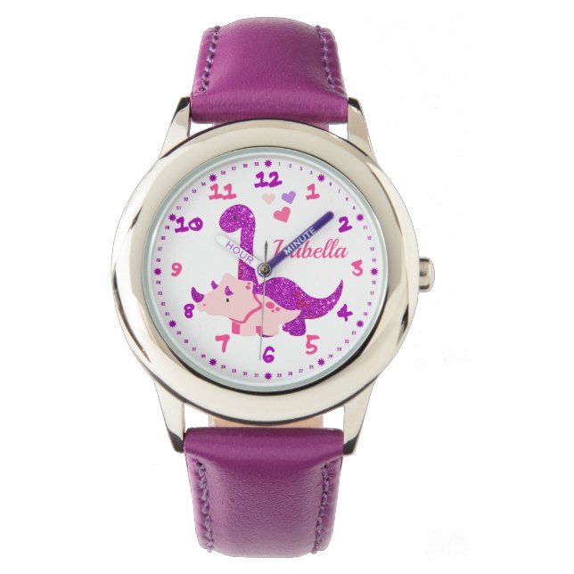 Montre Cute Glittery Purple Dinosaure Personnalisé (devant)