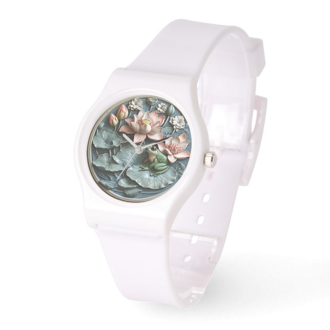 Montre Cute Grenouille Vert Lys Lys Lys D'Eau Rose Lys (Angle)
