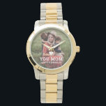 Montre Cute Heart Love You Maman Fête des Mères Photo<br><div class="desc">Cute Heart Love You Mom Mother's Day Photo Watch eWatch présente votre photo préférée avec le texte "(love heart) you Mom" en script blanc moderne avec vos noms ci-dessous. Personnalisez en modifiant le texte dans la zone de texte fournie et en ajoutant votre propre image. Parfait pour Noël, anniversaire et...</div>