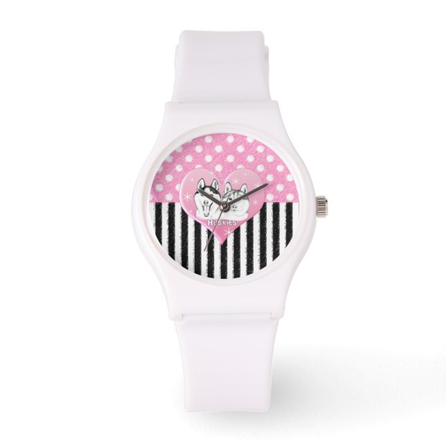 Montre Cute Huskies motif rose (Recto)