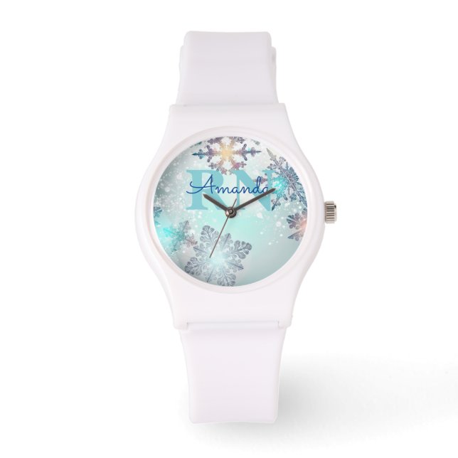 Montre Cute Ice Blue Snowflake Nom personnalisé RN Watch (Recto)