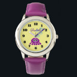 Montre Cute Kawaii méduse violette avec des bulles bleues<br><div class="desc">Un joli petit dessin animé représentant une méduse violette aux taches roses et aux grands yeux kawaii,  quelques petites bulles d'eau bleue qui survolent sa tête. Placez-vous sur un arrière - plan jaune clair. Personnalisez avec un nom.</div>